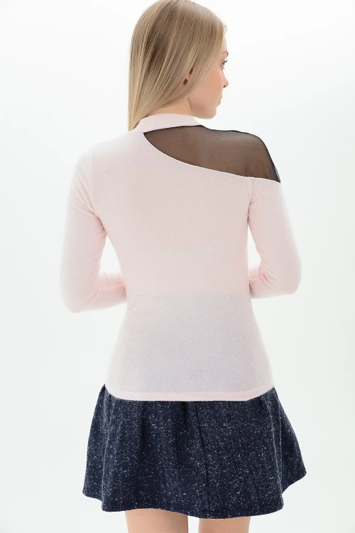 Pudra Tek Omuzu Tül İncili Yumoş Bluz CO-259100986