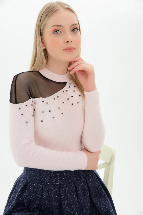 Pudra Tek Omuzu Tül İncili Yumoş Bluz CO-259100986