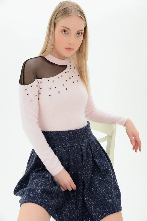 Pudra Tek Omuzu Tül İncili Yumoş Bluz CO-259100986