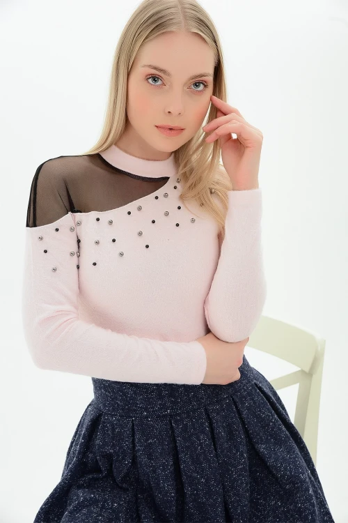 Pudra Tek Omuzu Tül İncili Yumoş Bluz CO-259100986
