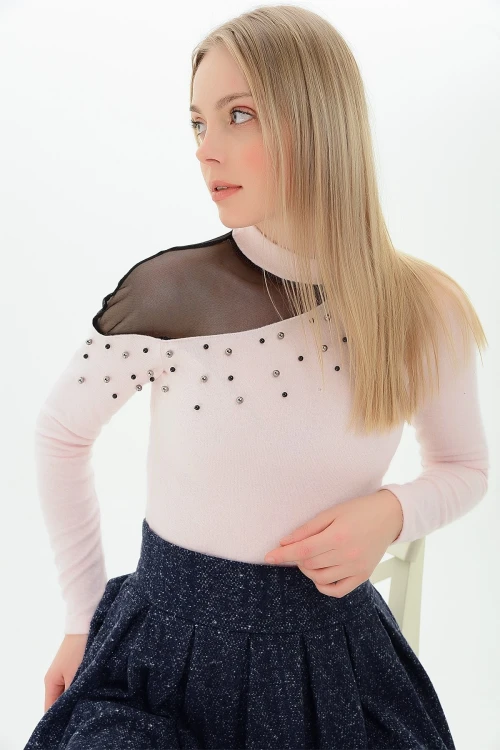 Pudra Tek Omuzu Tül İncili Yumoş Bluz CO-259100986