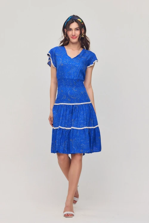 Saks V Yaka Nervürlü Çiçek Desenli Yazlık Viscon Elbise BCVL-25V054