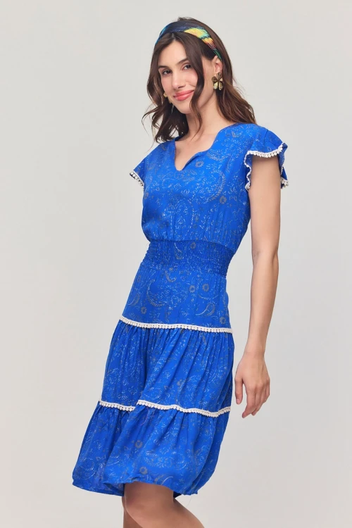 Saks V Yaka Nervürlü Çiçek Desenli Yazlık Viscon Elbise BCVL-25V054