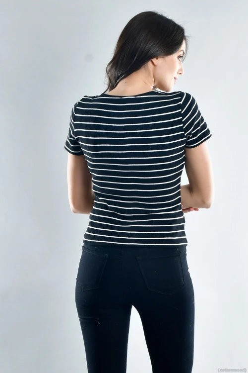 Siyah Beyaz Kaşkorse Önü Düğmeli Kısa Kol Bluz CO-2520021533