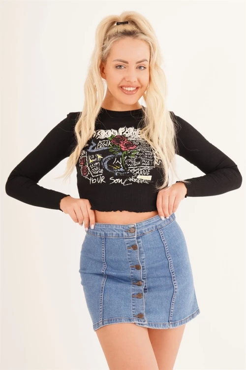 Siyah Bisiklet Yaka Baskılı Pamuklu Crop Bluz CO-2523254245