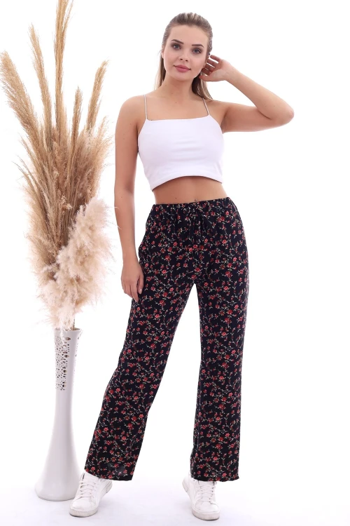 Siyah Çiçek Desenli Beli Lastikli Bol Paça Pantolon CO-2520070786