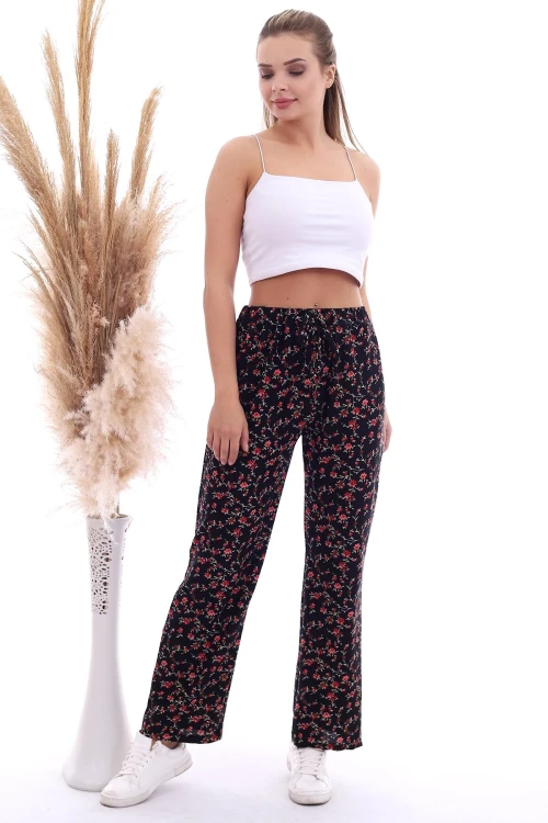 Siyah Çiçek Desenli Beli Lastikli Bol Paça Pantolon CO-2520070786