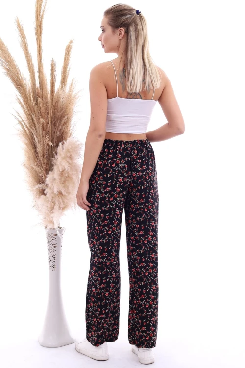 Siyah Çiçek Desenli Beli Lastikli Bol Paça Pantolon CO-2520070786