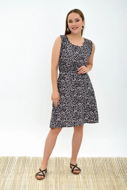 Siyah Çiçek Desenli Desenli Cepli Kolsuz Dokuma Viskon Elbise CO-259315020