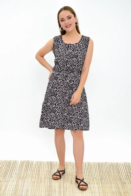 Siyah Çiçek Desenli Desenli Cepli Kolsuz Dokuma Viskon Elbise CO-259315020