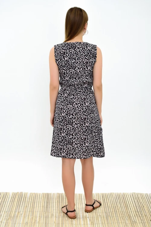 Siyah Çiçek Desenli Desenli Cepli Kolsuz Dokuma Viskon Elbise CO-259315020