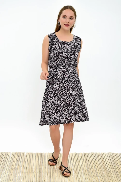 Siyah Çiçek Desenli Desenli Cepli Kolsuz Dokuma Viskon Elbise CO-259315020