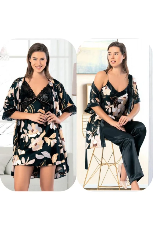 Siyah Çiçekli Saten Gecelik Sabahlık Takım Pijama Takım 5Li Gelin Çeyiz Seti BCAN-255FA