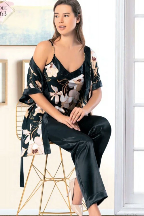 Siyah Çiçekli Saten Gecelik Sabahlık Takım Pijama Takım 5Li Gelin Çeyiz Seti BCAN-255FA