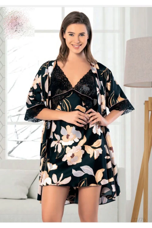 Siyah Çiçekli Saten Gecelik Sabahlık Takım Pijama Takım 5Li Gelin Çeyiz Seti BCAN-255FA