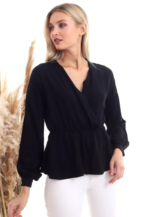 Siyah Dokuma Viskon Kruvaze Yaka Uzun Kol Bluz CO-2520333307