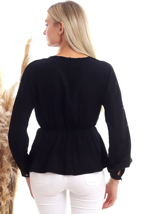Siyah Dokuma Viskon Kruvaze Yaka Uzun Kol Bluz CO-2520333307