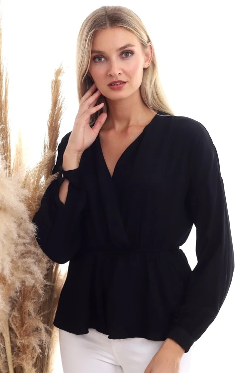 Siyah Dokuma Viskon Kruvaze Yaka Uzun Kol Bluz CO-2520333307