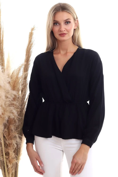 Siyah Dokuma Viskon Kruvaze Yaka Uzun Kol Bluz CO-2520333307