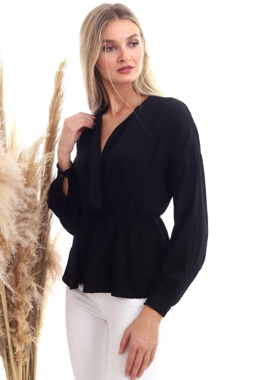 Siyah Dokuma Viskon Kruvaze Yaka Uzun Kol Bluz CO-2520333307