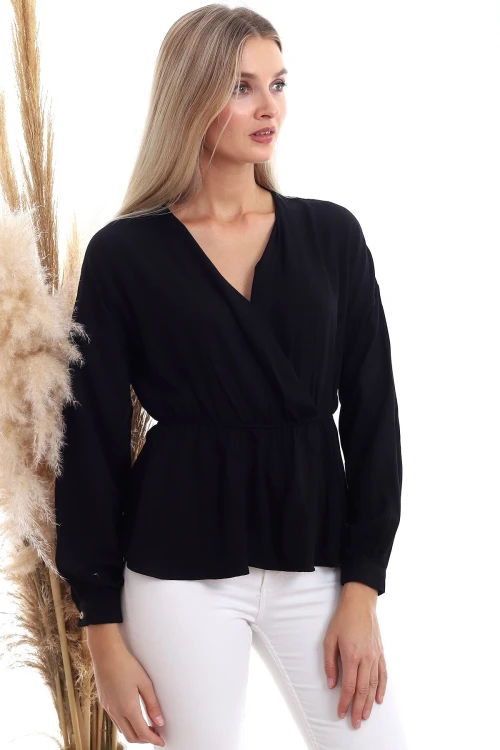 Siyah Dokuma Viskon Kruvaze Yaka Uzun Kol Bluz CO-2520333307