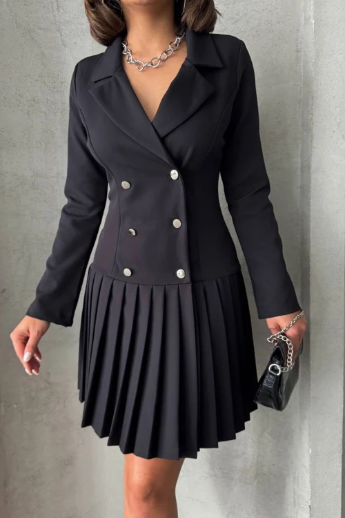 Siyah Düğme Detaylı Piliseli Dokuma Ceket Elbise BCHN-255016