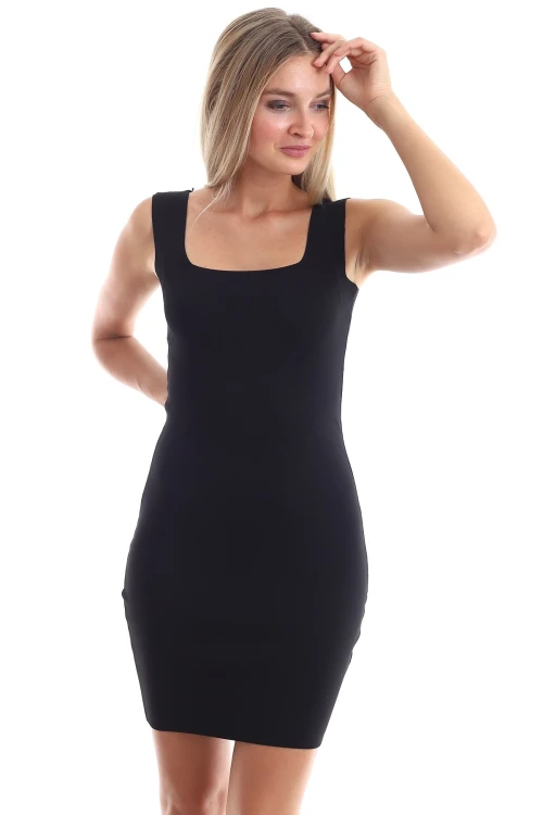 Siyah Kare Yaka Askılı İnce Merserize Triko Elbise CO-2520346238