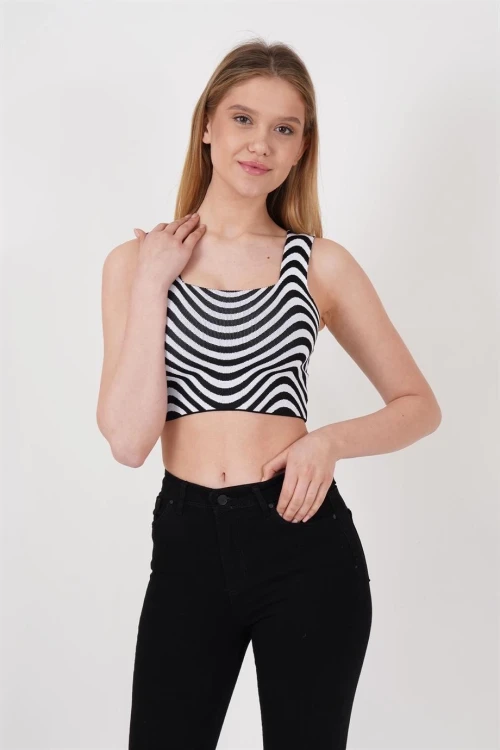 Siyah Kare Yaka Desenli Triko Bluz CO-2523256429