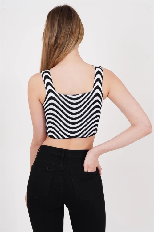 Siyah Kare Yaka Desenli Triko Bluz CO-2523256429