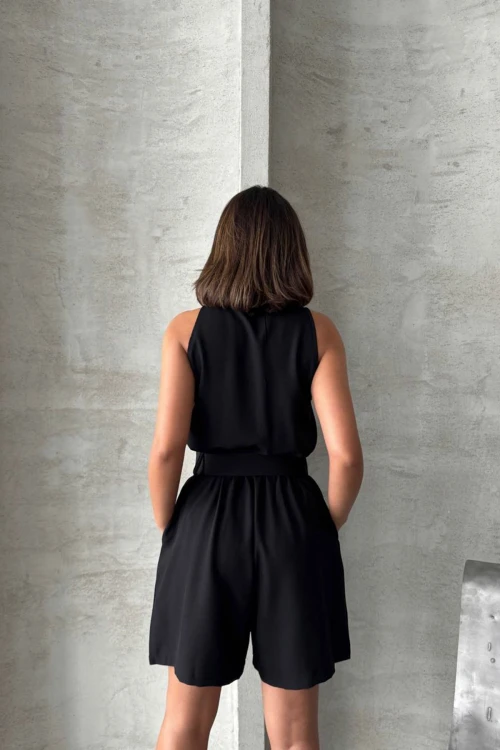 Siyah Kemerli Çift Cepli Yakalı Dokuma Tulum BCHN-255010