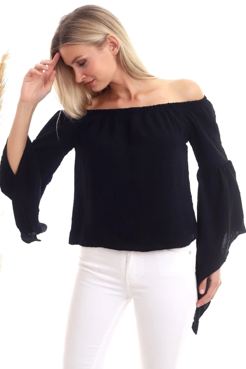 Siyah Ponponlu Madonna Yaka Geniş Kol Dokuma Bluz CO-2520333347