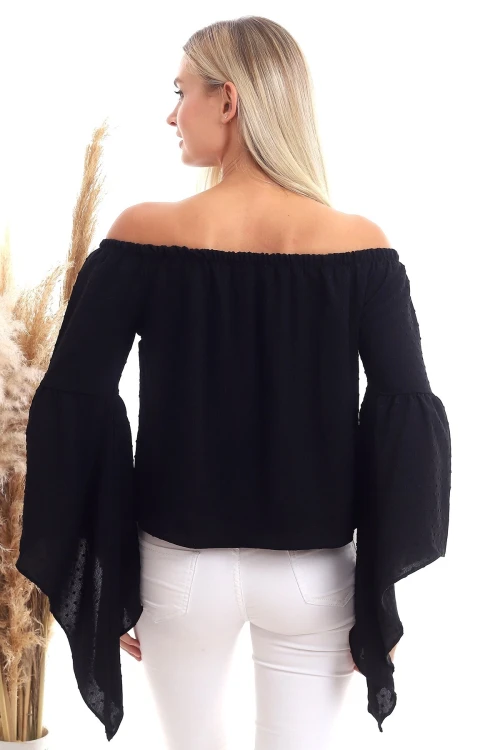 Siyah Ponponlu Madonna Yaka Geniş Kol Dokuma Bluz CO-2520333347