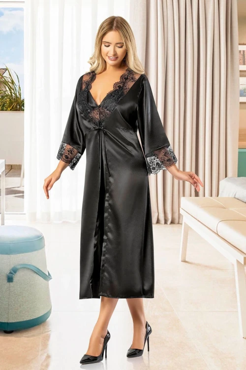 Siyah Saten Dantel Detaylı Gecelik Sabahlık Ikili Takım BCAN-252608FA