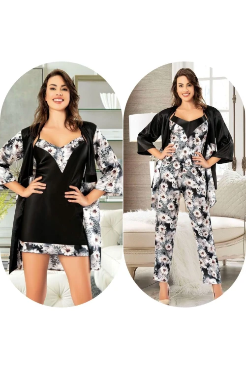 Siyah Saten Gecelik Sabahlık Takım Pijama Takım 5Li Gelin Çeyiz Seti BCAN-255FA