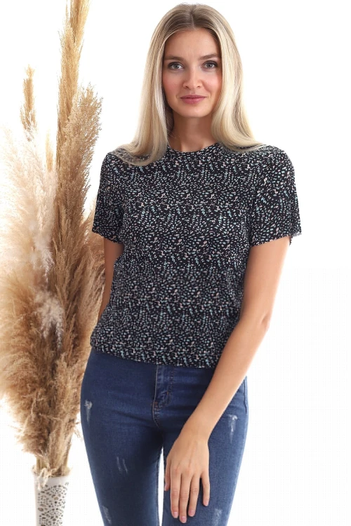 Siyah Turkuaz Bisiklet Yaka Desenli Kısa Kol Bluz CO-2520343367