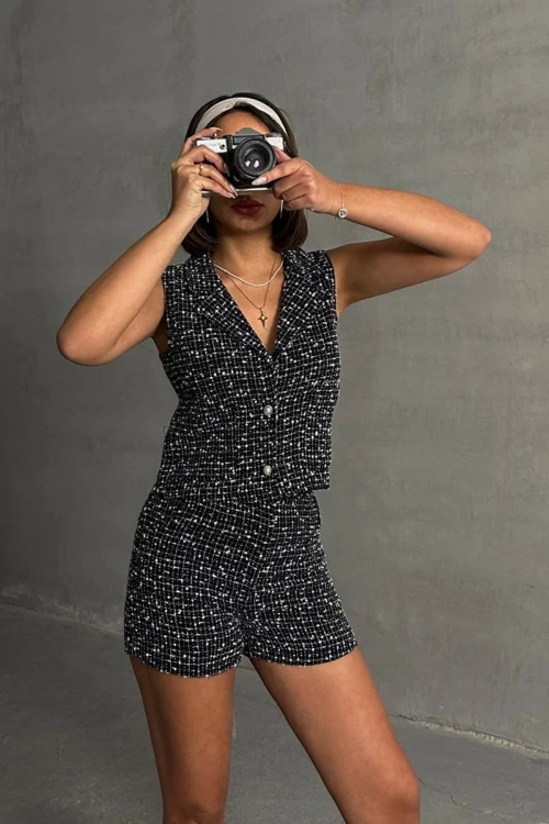 Siyah Tüvit Kumaş Yelek Ve Cepli Şort Alt Üst Takım BCHN-2525463