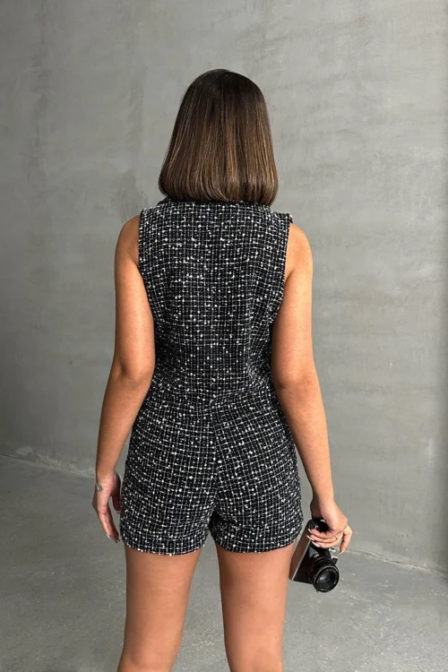 Siyah Tüvit Kumaş Yelek Ve Cepli Şort Alt Üst Takım BCHN-2525463