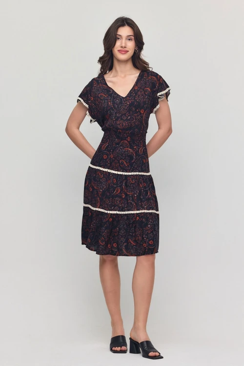 Siyah V Yaka Nervürlü Çiçek Desenli Yazlık Viscon Elbise BCVL-25V054