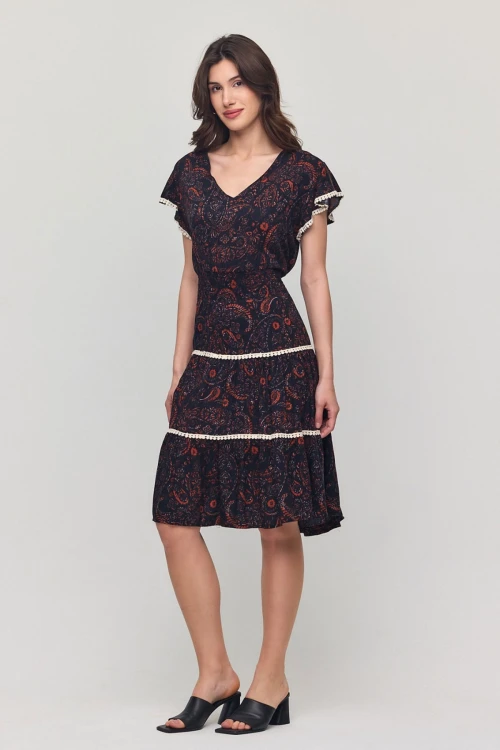 Siyah V Yaka Nervürlü Çiçek Desenli Yazlık Viscon Elbise BCVL-25V054