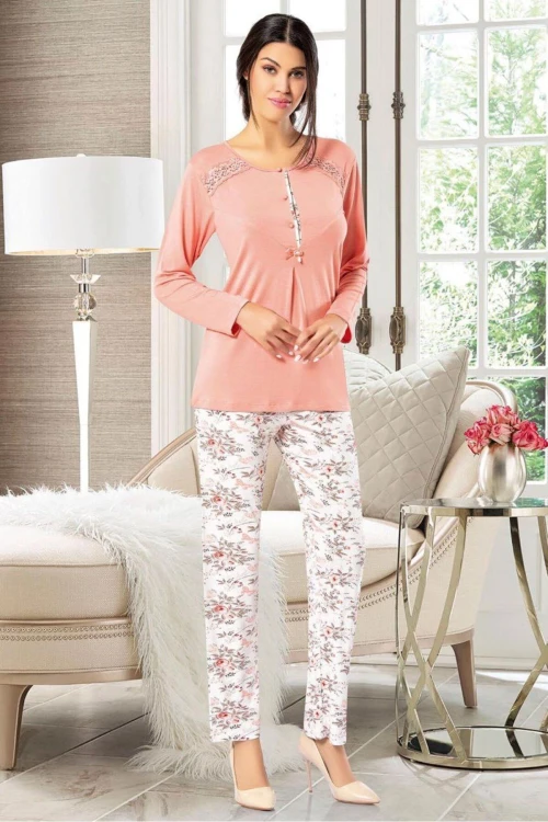 Somon Çiçek Desenli Dantel Detaylı Pijama Takımı BCAN-258602FA
