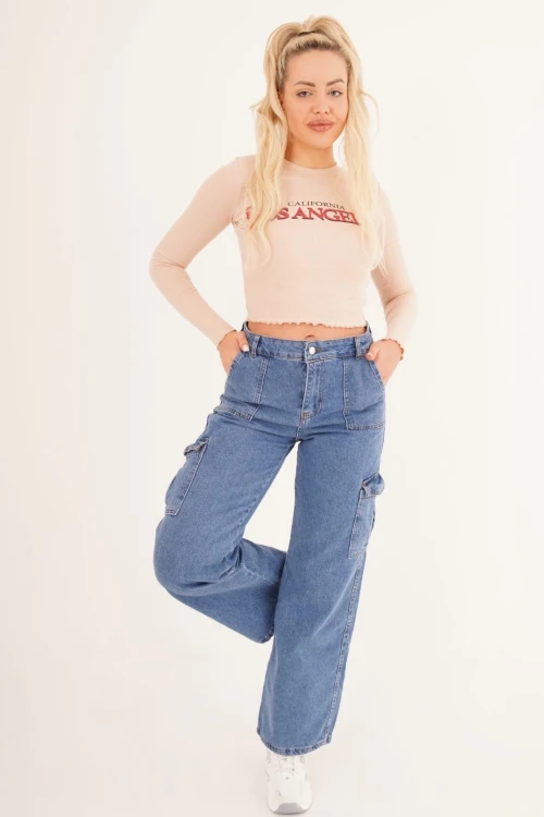 Taş Bisiklet Yaka Baskılı Pamuklu Crop Bluz CO-2523254241