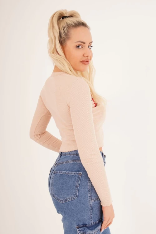 Taş Bisiklet Yaka Baskılı Pamuklu Crop Bluz CO-2523254241