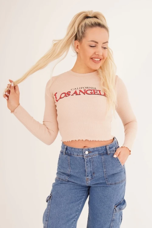 Taş Bisiklet Yaka Baskılı Pamuklu Crop Bluz CO-2523254241