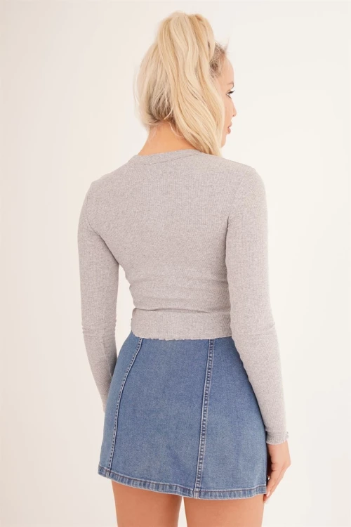 Taş Bisiklet Yaka Baskılı Pamuklu Crop Bluz CO-2523254245