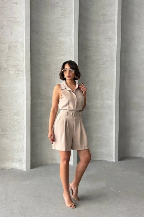 Taş Kemerli Çift Cepli Yakalı Dokuma Tulum BCHN-255010