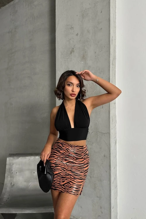 Turuncu Yırtmaçlı Desenli Etek BCHN-2524475