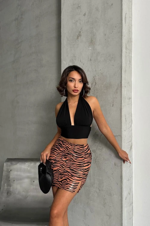 Turuncu Yırtmaçlı Desenli Etek BCHN-2524475