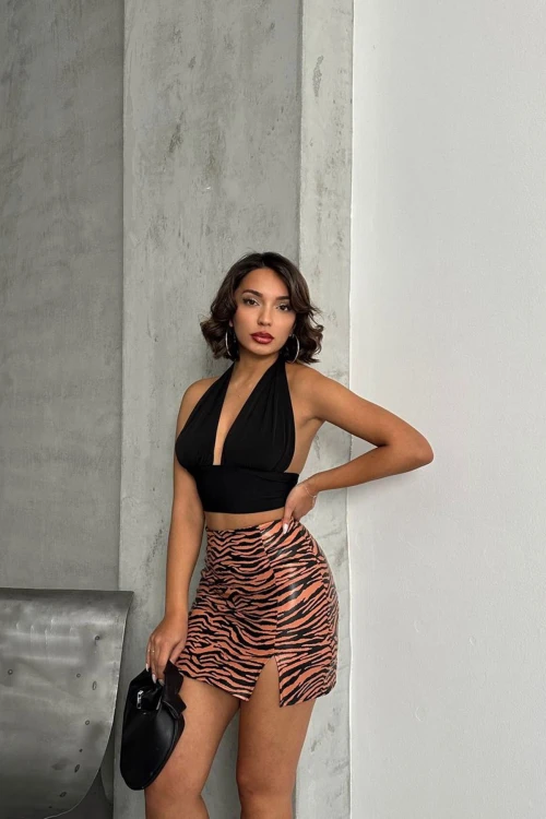 Turuncu Yırtmaçlı Desenli Etek BCHN-2524475