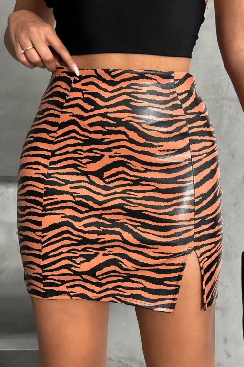 Turuncu Yırtmaçlı Desenli Etek BCHN-2524475