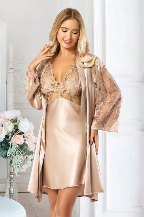 Vizon Saten Dantel Detaylı Gecelik Sabahlık Ikili Takım BCAN-252038FA